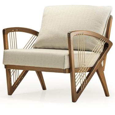 Imagem de Poltrona Com Braços Gandú Ozki Madeira Eucalipto Cedro Tecido Bege Corda Couro Reconstituído