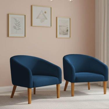 Imagem de Poltrona Sala Decorativa Kit 2 Stella Pé Madeira Trapézio Castanho Bouclê Azul D03 - D'rossi