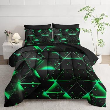 Imagem de Smell Sunshine Conjunto de edredom com 7 peças, verde, preto claro, triângulo, estampado, 1 edredom, 1 lençol de cima, 1 lençol com elástico e 4 fronhas para quarto de meninos e meninas, todas as