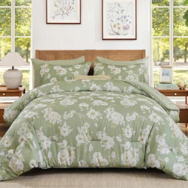 Imagem de Dinjoy Conjunto de edredom king size, floral, 7 peças, verde sálvia, lençol elegante em uma bolsa com flores botânicas, edredom leve para plantas, casa de fazenda para todas as estações