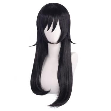 Imagem de Peruca de cosplay longa preta de 85 cm com franja frontal de alta temp