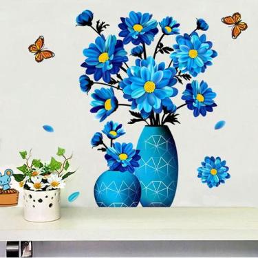 Imagem de Adesivos de parede Blue Daisy Flower Vase autoadesivo em PVC - yiweisa