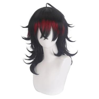 Imagem de Peruca Cosplay preta e vermelha bicolor 55cm sintética - yiweisai