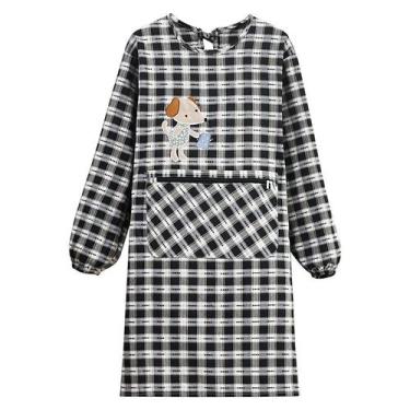 Imagem de Avental xadrez de manga comprida para mulheres com bordado de cachorro