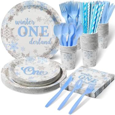 Imagem de Conjunto de artigos para festas Winter Onederland Snowflake azul/prata