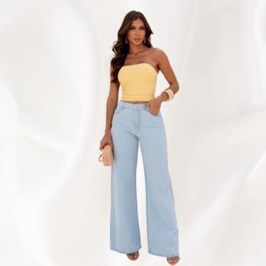 Imagem de Calça Jeans Wide Leg Feminina Cintura Alta Modeladora Look Elegante Co