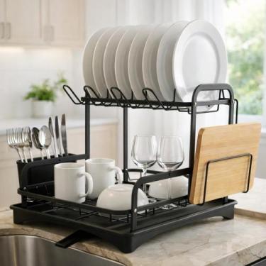 Imagem de Escorredor de Louça 2 Andares Preto Fosco com Dreno 360 Organização In