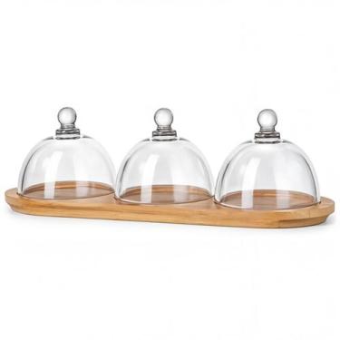 Imagem de Petisqueira Mini Tripla Cristal Madeira Petiscos Decoração Mesa 3 Iten