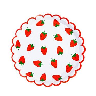 Imagem de MaitianGuyou Decorações descartáveis de festa de morango, 40 pratos de morango, artigos de festa de primeiro aniversário para aperitivos, almoço, jantar, piquenique (morango 5 #, 22 cm)