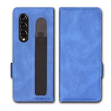 Imagem de Capa carteira para Samsung Galaxy Z Fold 3, [slot para caneta na parte traseira] Capa de telefone magnética com slot para cartão de couro PU compatível com Z Fold 3 5G 2021, azul