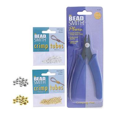 Imagem de The Beadsmith Conjunto de crimpagem, alicates formadores de crimpagem de 13 cm, tubos de crimpagem de 2 x 2 mm e tampas de contas de crimpagem de 3 mm em prata e ouro, crie crimpagens lisas e arredondadas sempre, sem bordas afiadas