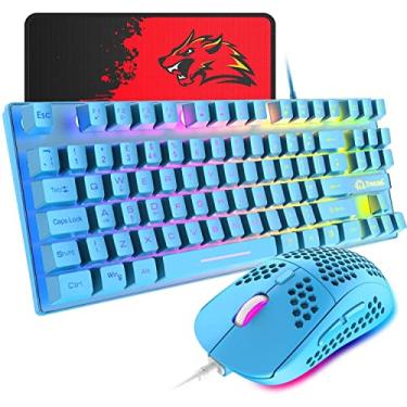 Imagem de Teclado e mouse combinando, teclado de toque mecânico retroiluminado com arco-íris compacto de 88 teclas, mouse de jogo leve com luz de fundo RGB 6400 DPI com revestimento favo de mel para jogadores de PC Windows (azul)