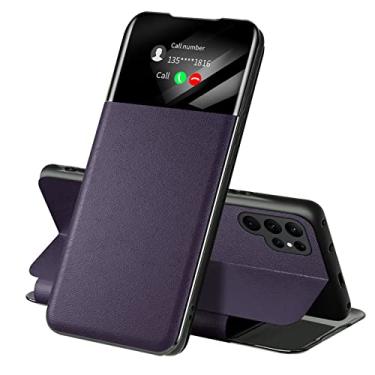Imagem de KVIBEO Capa flip para Samsung Galaxy S22/S22 Plus/S22 Ultra, capa de couro S View Tap Control Smart Wake-Up Livro magnético Folio Kickstand Capa de telefone protetora (Cor: roxo, Tamanho: S22 6.1")