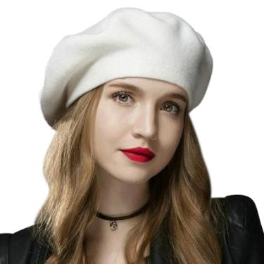 Imagem de Sumolux Boina feminina de lã francesa gorro clássico cor sólida outono inverno chapéus, Branco, Tamanho Único