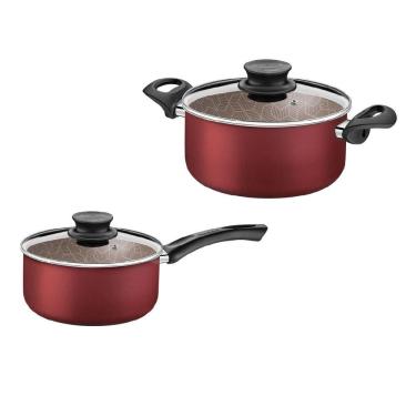 Imagem de Kit Com 2 Panela Tramontina Paris Antiaderente Com Tampa de Vidro 18 cm 20 cm Vermelho
