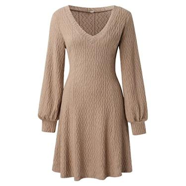 Imagem de Vestido de suéter liso moderno para mulheres temperamento slim fit tricotado vestido midi inverno gola V manga longa malha, Cáqui, GG