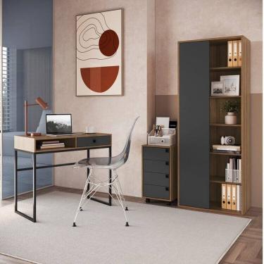 Imagem de Escritório Home Office 3 Itens com Escrivaninha 1 Gaveta, Gaveteiro 4 Gavetas e Livreiro Mel / Grafite