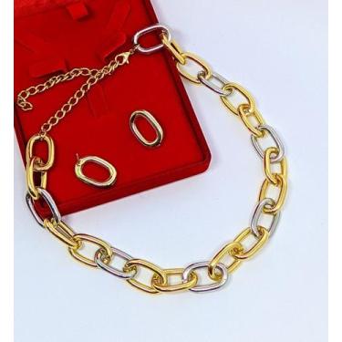 Imagem de Kit Choker Colar e Brincos Corrente Elos Grande Mix Dois Banhos Dourad