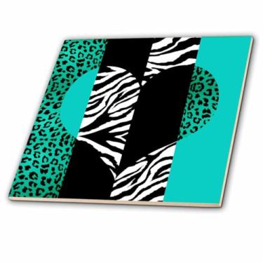 Imagem de 3dRose Estampa animal azul água preto e branco - Coração de leopardo e zebra - Azulejo de cerâmica, 10 cm (ct_35445_1)