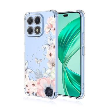 Imagem de RRXSYXL Capa para celular Huawei Honor X8B com estampa floral e borboletas transparentes, proteção à prova de choque, capa de TPU macio para Huawei Honor X8B (flores rosas/borboletas)