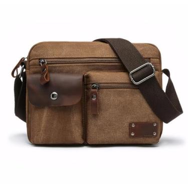 Imagem de Bolsa mensageiro masculina de lona transversal com vários bolsos, Café, 20cm*28cm*12cm.