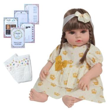 Imagem de Bebê Tipo Reborn Menina Cabelo Castanho + Vestido Amarelo - Cegonha Re