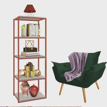 Imagem de Kit Poltrona Fatte com Manta Soft Lilás e Estante Livreiro Ferro Bronze mdf Marmorizado Cinza Suede Verde Musgo - Ahazzo Móveis