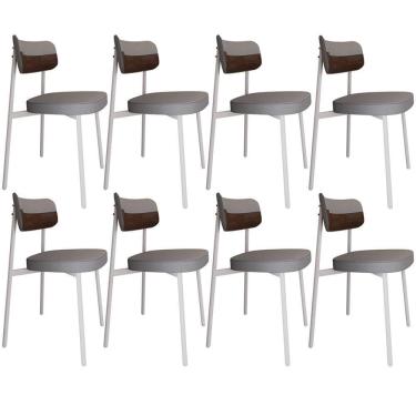 Imagem de Kit 08 Cadeiras Estofada Para Sala De Jantar Astrid Branco C01 Linho Cinza Courino Whisky - Lyam Decor