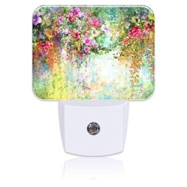 Imagem de Uiaoiais Luz Noturna Abstrata De Aquarela Com Flores, Pintura Oli, Encaixe Na Parede E Sensor Anoitecer Ao Amanhecer Para Crianças, Meninas, Meninos, Mulheres, Homens, Decoração Quarto, Corredor, Co