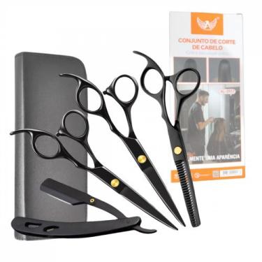 Imagem de Estojo com 6 Peças Tesouras e Navalha Profissionais Barbeiro Fio Laser