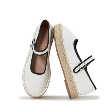 Imagem de ATBELL Sapatilhas femininas Mary Jane com alpargatas de tecido e alpargatas de lona, Branco, 40