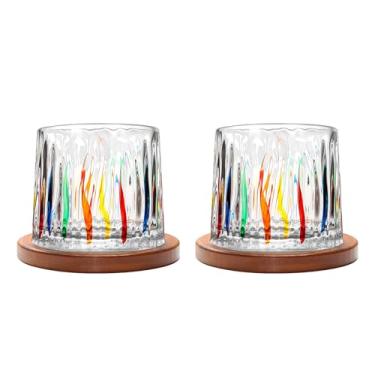 Imagem de Copo de vidro giratório antiquado, conjunto de 2 copos de uísque de cristal de 275 ml/283.5 g, porta-copos de madeira, espessamento, usado como copo de vidro de rum, coquetel, café, leite para relaxar