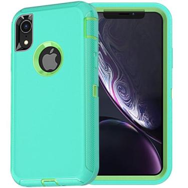 Imagem de YmhxcY Capa para iPhone XR, à prova de choque, à prova de quedas, à prova de poeira, à prova de queda, 3 camadas, durável, capa de telefone de proteção resistente para Apple iPhone XR de 6,1 polegadas, azul-água e verde limão