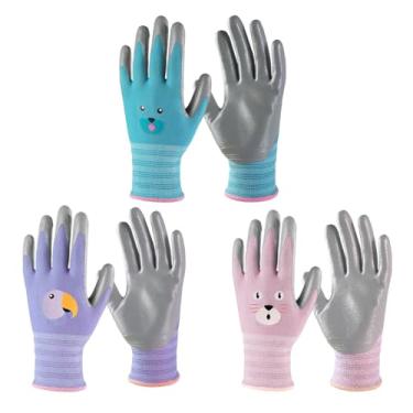 Imagem de ANDANDA Luvas De Jardinagem Para Crianças 9 A 12 Anos, Revestidas Nitrila, Com Aderência, Infantil, Nylon Tricotado Sem Costura, Adequadas Bebês, Crianças, Meninas/Meninos, Azul, Rosa E Roxo, 3 Pare