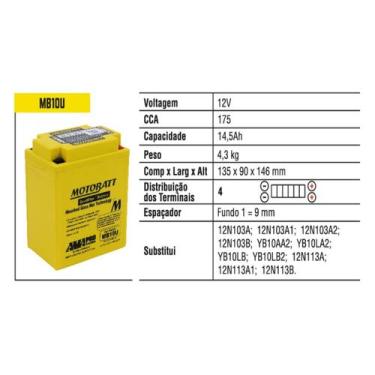 Imagem de Bateria Motobatt Mb10u 14,5ah Yamaha Xv 250 Virago Yb10la2