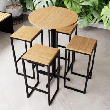 Imagem de Conjunto Mesa Alta Bar Bistrô Redonda Pinus 4 Bancos Industrial Black 