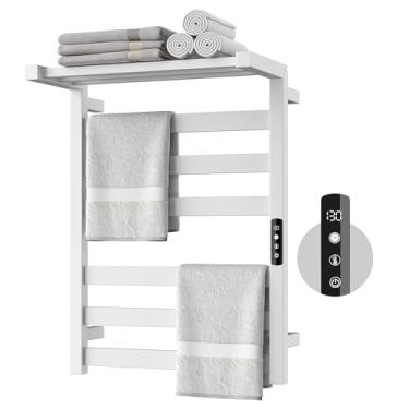 Imagem de Chomolhari Rack aquecedor de torre, 6 barras de aço inoxidável montado na parede aquecedor elétrico para banheiro, temporizador embutido, com fio rígido e plugue, preto brilhante (branco)