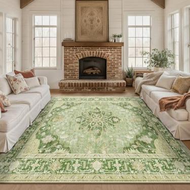 Imagem de RELEANY Tapete quadrado quadrado de 2,4 m, lavável, antiderrapante, floral, vintage, estampado, medalhão para sala de estar, quarto, sala de jantar, verde sálvia, amarelo