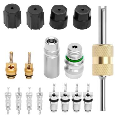 Imagem de Kit de núcleo de válvula de ar condicionado de carro Kit de válvula de tampa de vedação de cobre Boa vedação Ferramenta de refrigerante AC Controle preciso (cor mista, 17 peças)