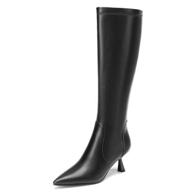 Imagem de Botas de cano alto femininas salto gatinho bico fino couro sintético com zíper lateral botas sexy salto agulha outono longa bota social alta, Preto, 6