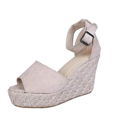 Imagem de Bigfanshu Sandálias femininas de salto alto com rebites, espadrille, plataforma, salto anabela, tira no tornozelo, tamanho grande, Bege, 33 BR