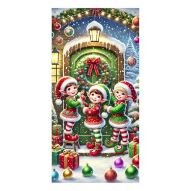 Imagem de BlissYard Capa de porta de Natal decoração de elfos 71 x 35 polegadas para porta da frente Feliz Natal portas de varanda banner feriado decoração de entrada sazonal placa de boas-vindas decoração