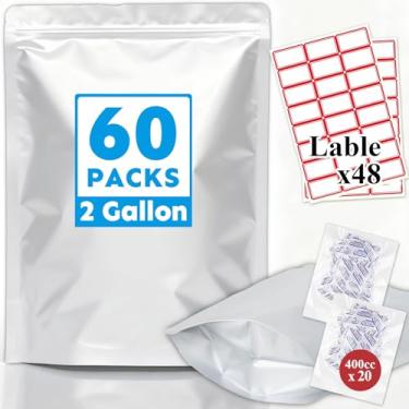 Imagem de Cloudslucky Sacos Mylar 2 galões 60 peças 33 x 43 cm para armazenamento de alimentos com absorventes e etiquetas de oxigênio, zíper resselável de 10 mil de espessura e sacos de suporte seláveis a