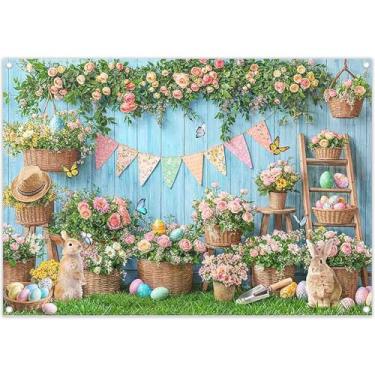 Imagem de Swepuck 2,1 x 1,5 m Fundo de parede de madeira azul páscoa cesta de flores coelho bandeira ovos coloridos bandeira borboleta grama fotografia fundo decoração festa família banner cabine de fotos