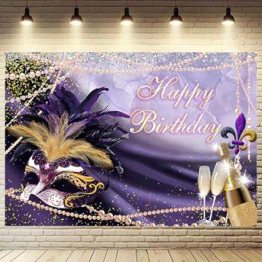 Imagem de Máscara de baile de máscaras de festa de aniversário de menina fundo roxo máscara de diamante baile de máscaras decorações de festa de aniversário com glitter salto alto taças de champanhe pano de