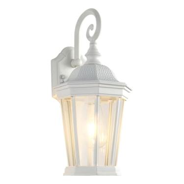 Imagem de Smeike Lanterna de parede externa, luminárias de parede externa à prova d'água, luminárias de varanda externa, montagem de parede em acabamento branco com vidro transparente, liga de alumínio, 60W