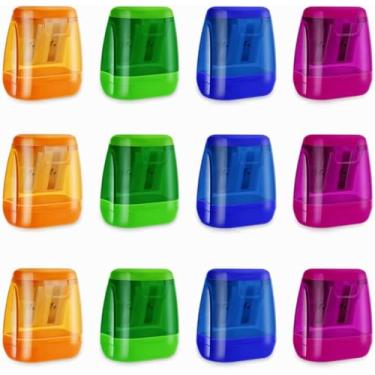 Imagem de Apontador de lápis manual para escola, escritório, casa, apontador de lápis portátil compacto para crianças com tampa, furos duplos, 12 peças