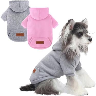 Imagem de Pacote com 2 moletons com capuz para cães quentes para clima frio roupas para cães pequenos e médios para homens e meninas meninos uso diário (cinza + rosa, P (Costas: 27 cm, Peito: 41 cm)