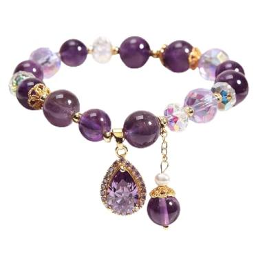 Imagem de Pulseira com pingente de flor de ametista natural com gota de água roxa presente para namorada, One Size, corda, Sem Pedra Preciosa