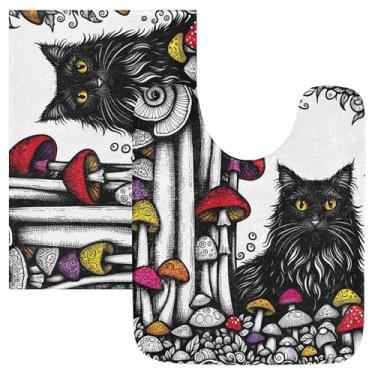 Imagem de Burbuja Conjunto de tapete de banheiro de gato preto assustador, tapete de banho macio e absorvente, base de vaso sanitário antiderrapante para banheiro